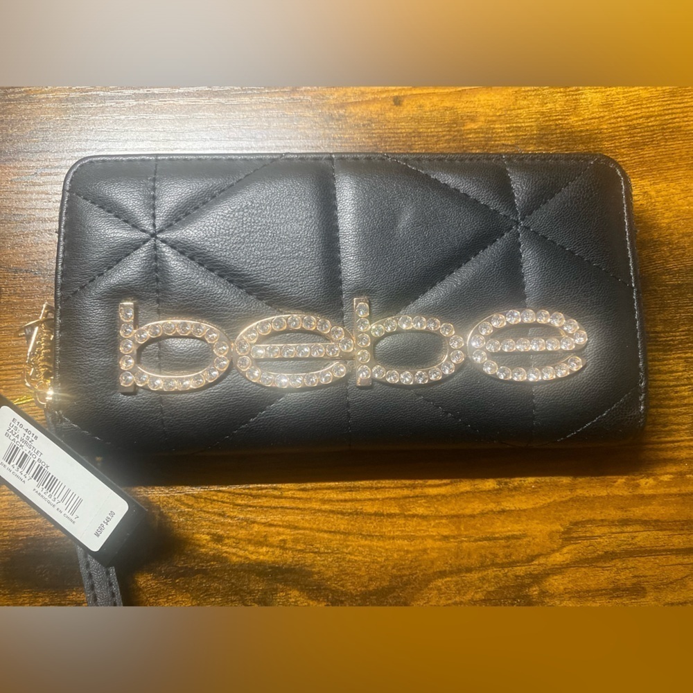 Bebe black rhinestone and gold zipper wristlet